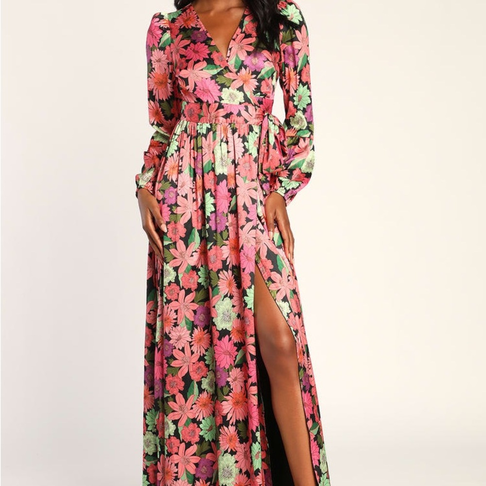 NWT - Lulus In the Groove Black Multi Floral Long Sleeve Wrap Maxi Dress